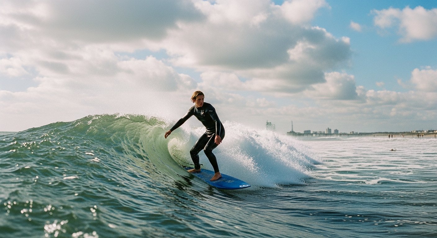 Surfers in actie bij Scheveningen of Hoek van Holland met goede golfcondities