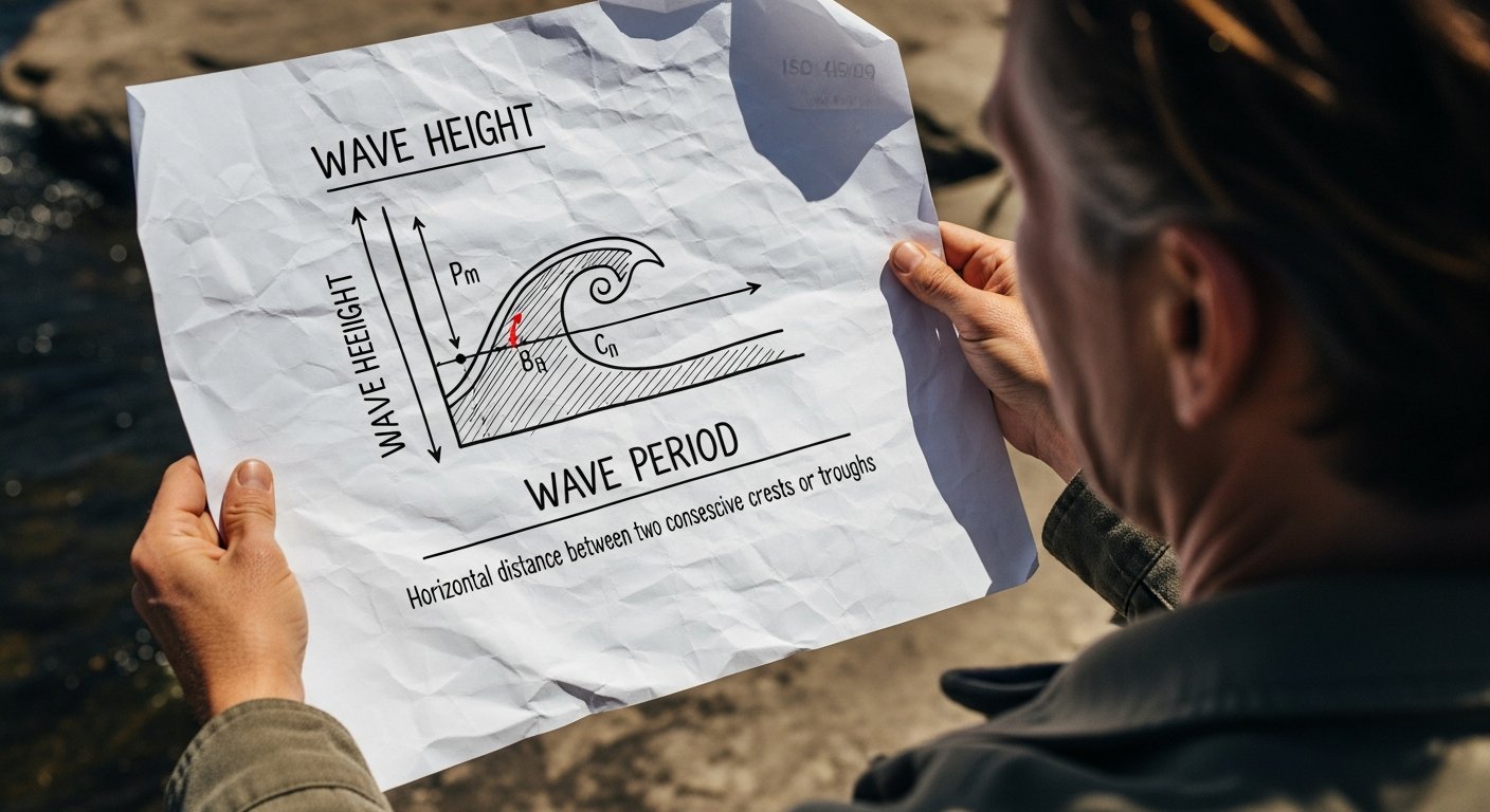 Diagram of infographic die golfhoogte en golfperiode visueel uitlegt met illustraties