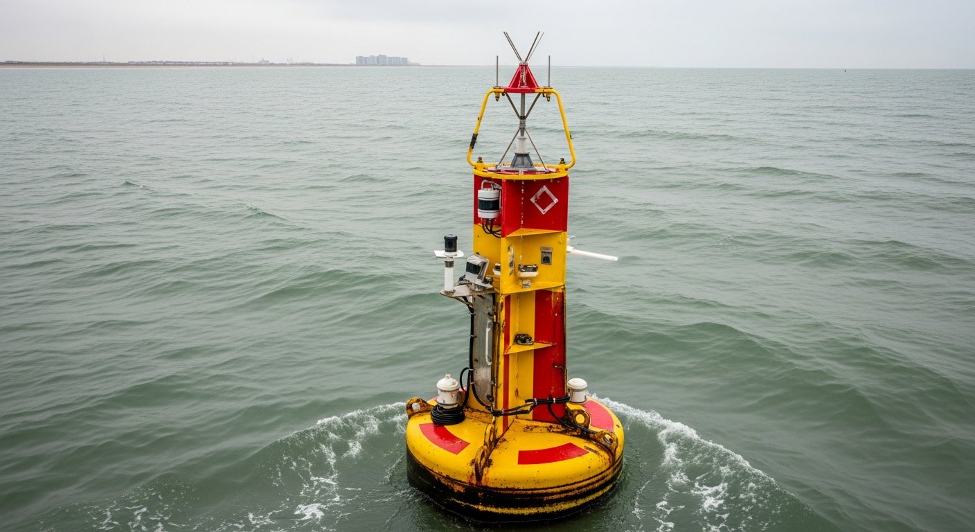 Close-up van golfperiode visualisatie of meetboei op de Noordzee bij Scheveningen