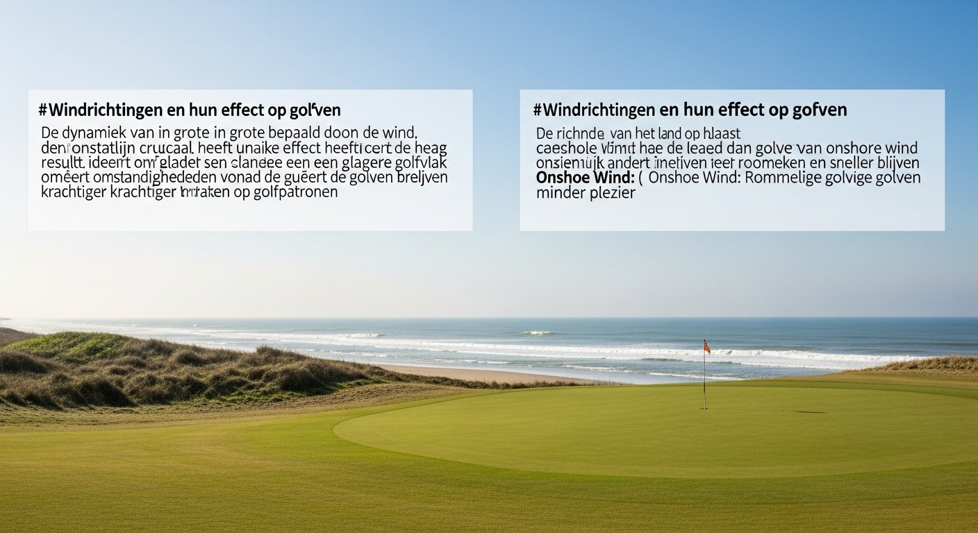 Windrichtingen en hun effect op golven, met pijlen die offshore en onshore wind tonen