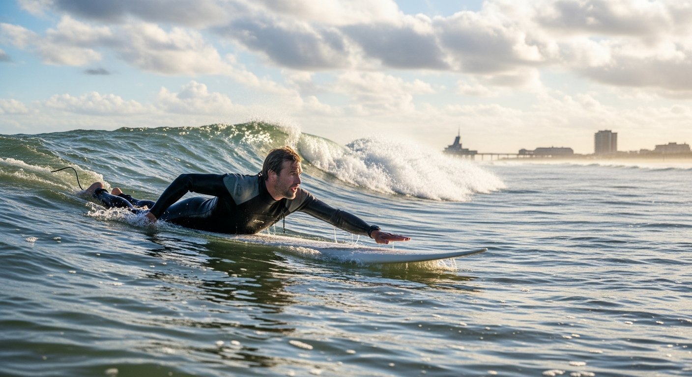 Krachtige golven van 1,5-2 meter bij Scheveningen met ervaren surfer die paddle-out doet