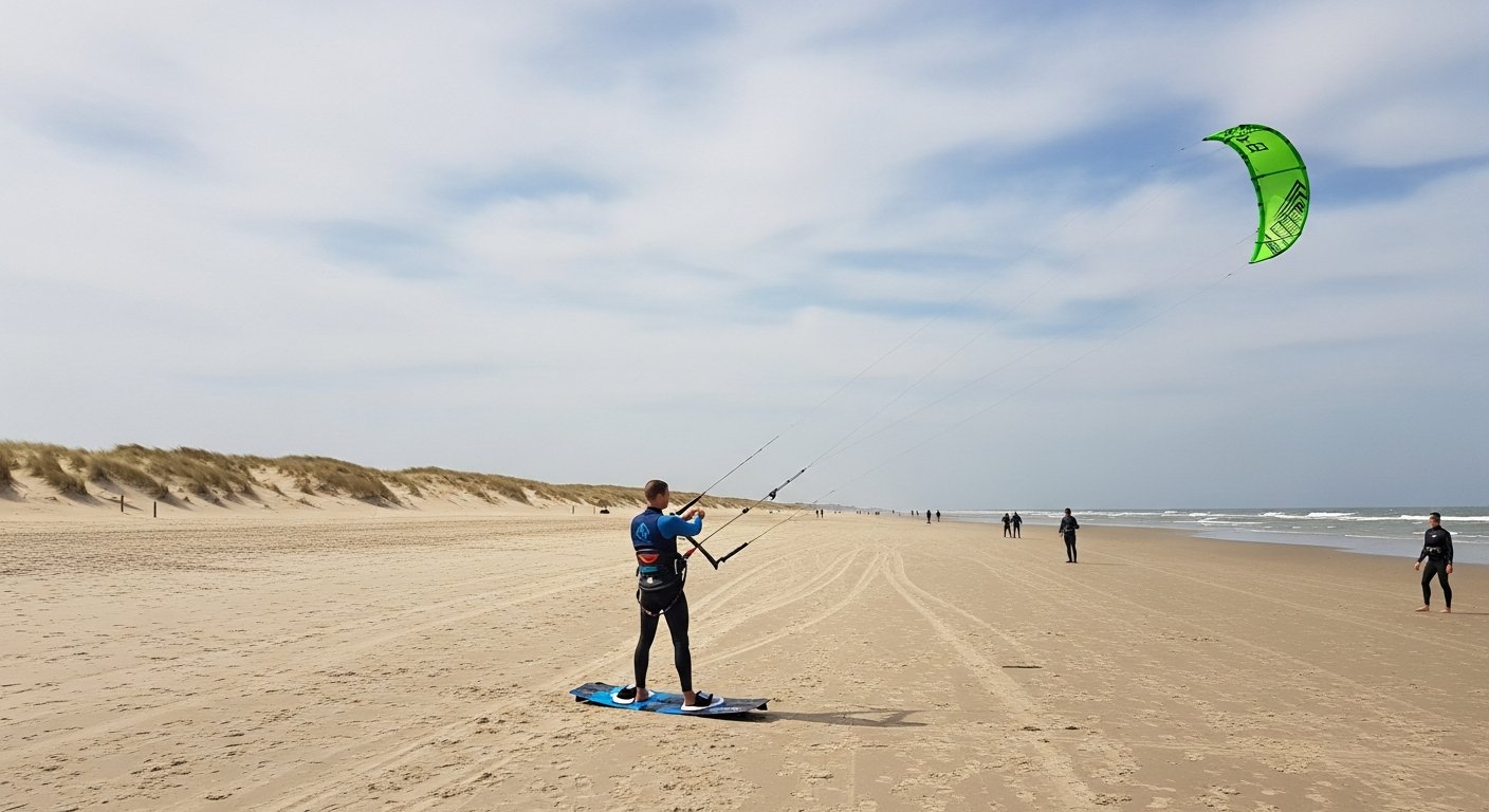 Kitesurfer op het noordelijke strand van Zandvoort met kite in de lucht