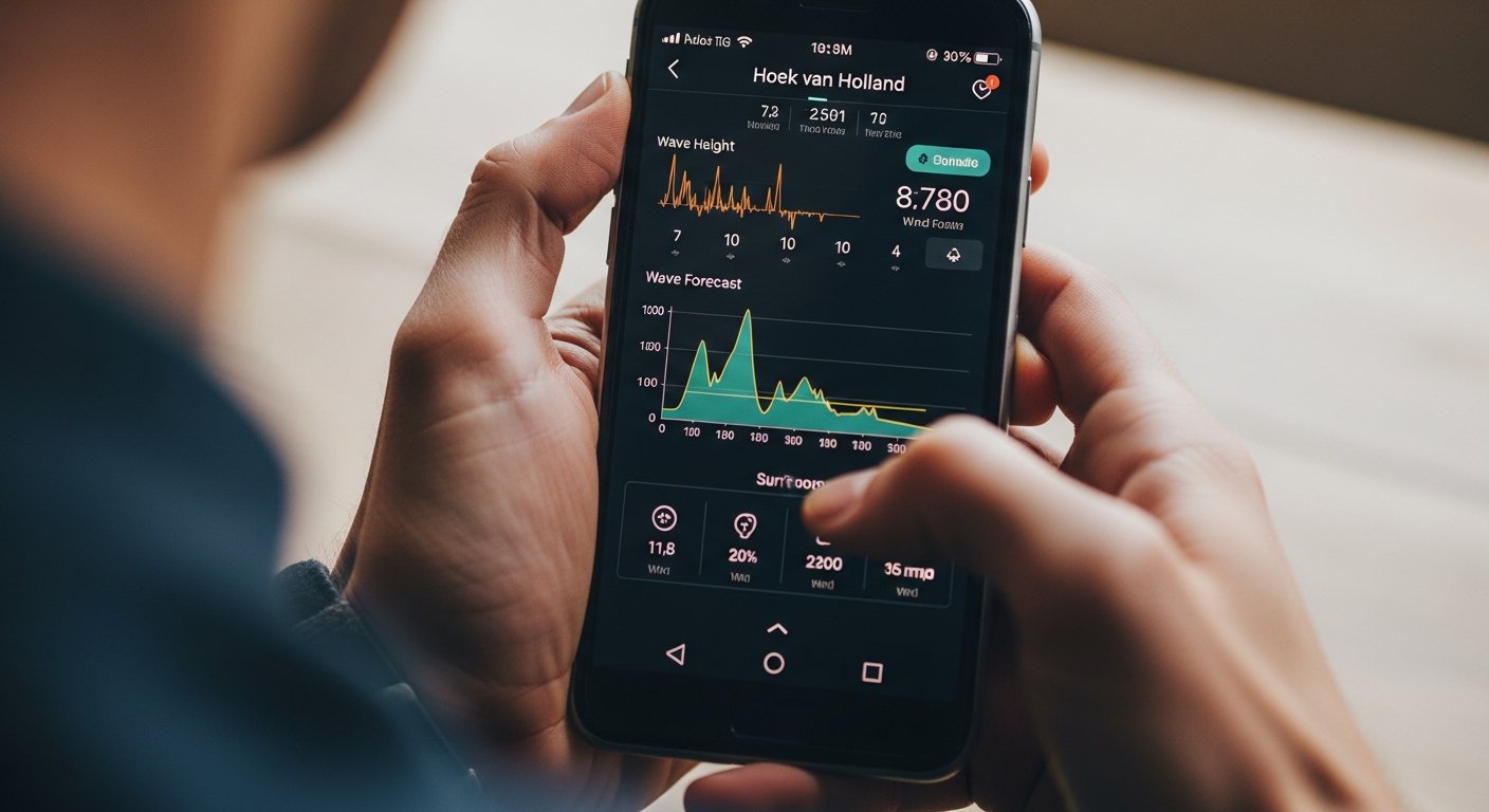 Close-up van smartphone met golf forecast app voor Hoek van Holland