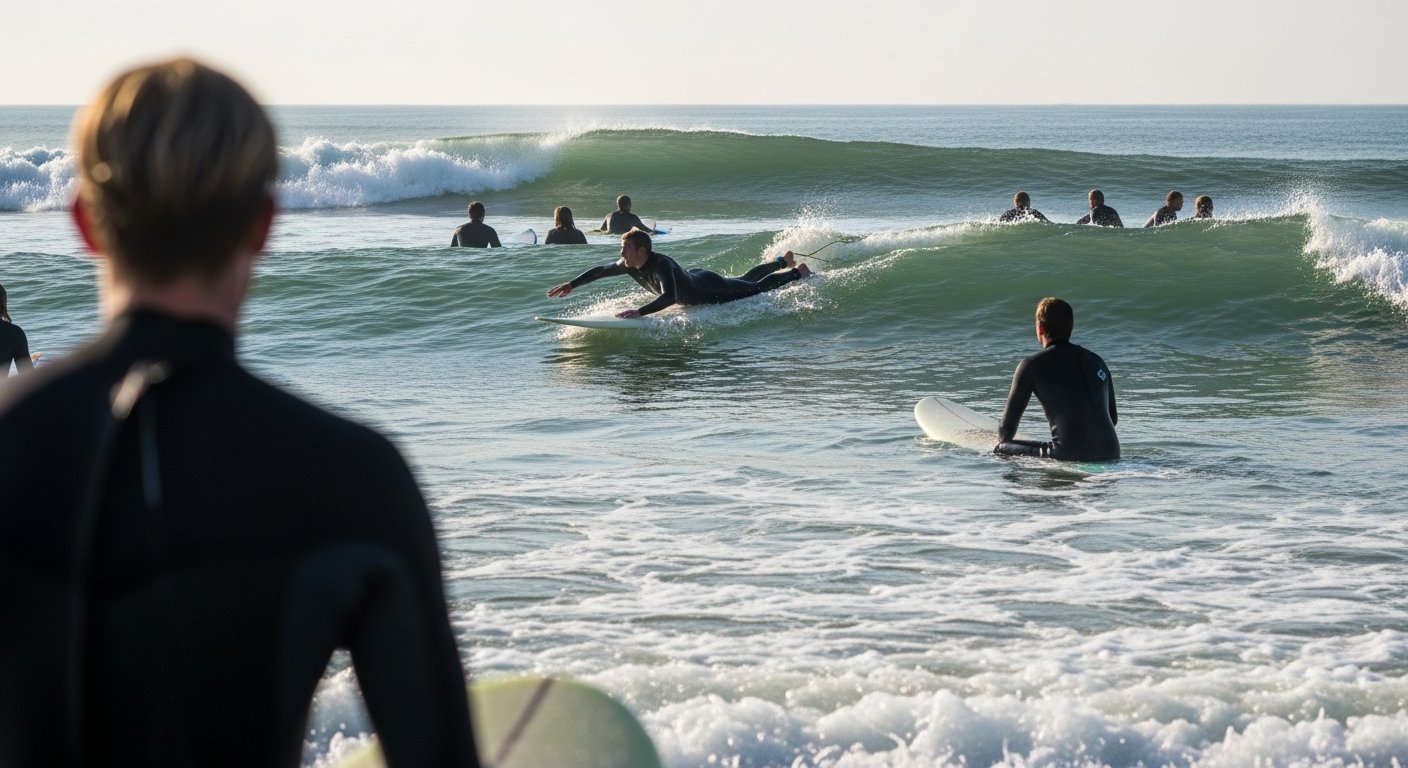 Groep surfers in het water bij Hoek van Holland tijdens optimale golfcondities