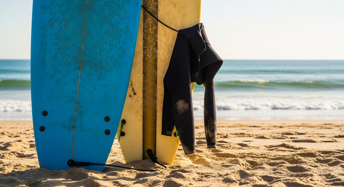 Close-up van surfboards en wetsuit op het zandstrand met zee op de achtergrond