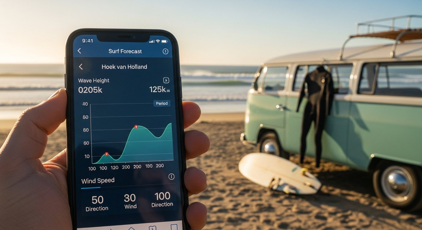 Smartphone met surf forecast app voor Hoek van Holland met grafiek en windrichting