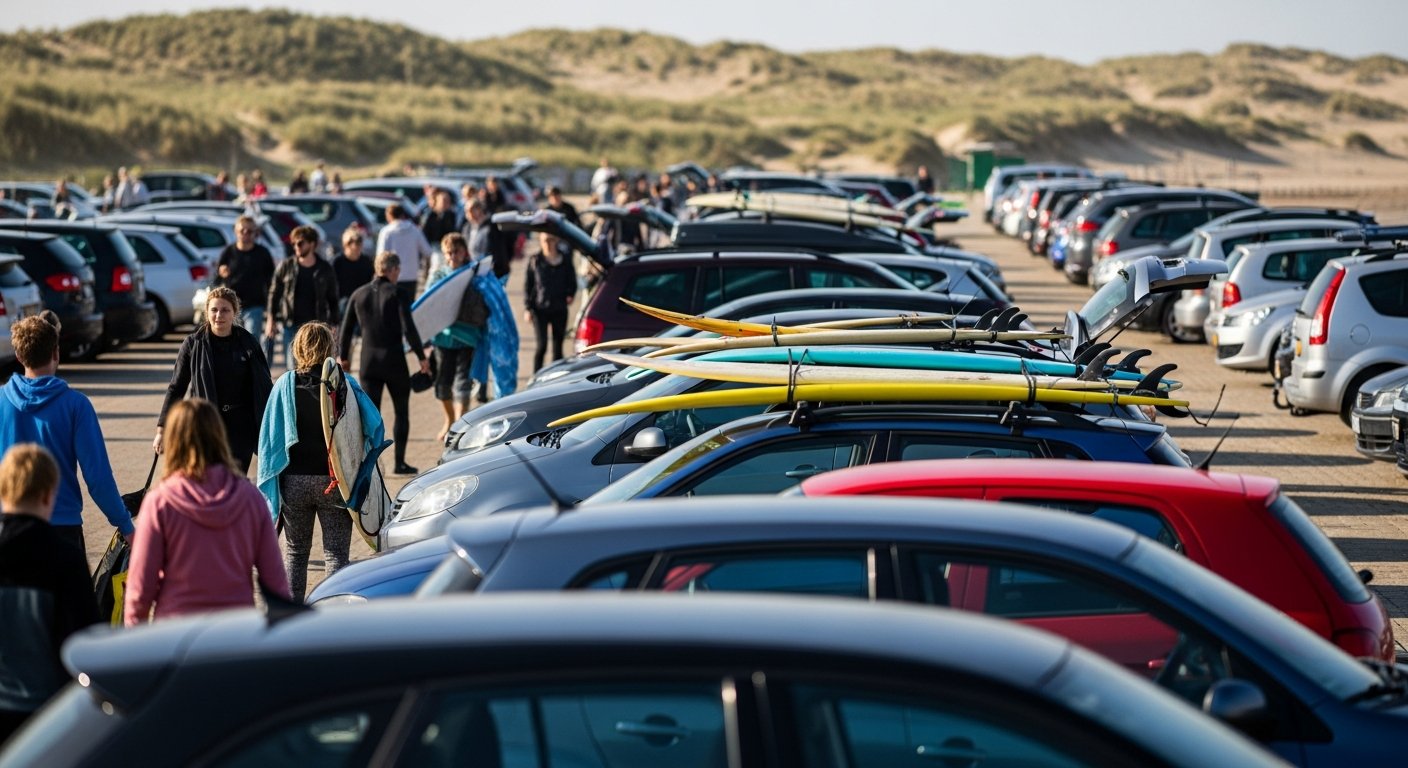 Parkeerplaats vol auto's met surfboards bij Egmond aan Zee