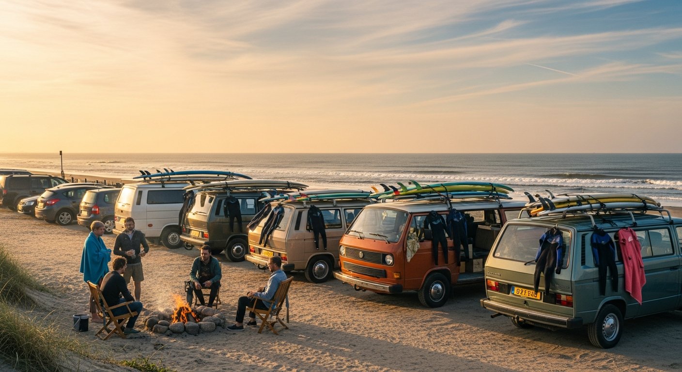 Parkeerplaats bij strand Hoek van Holland met surfboards op autodaken