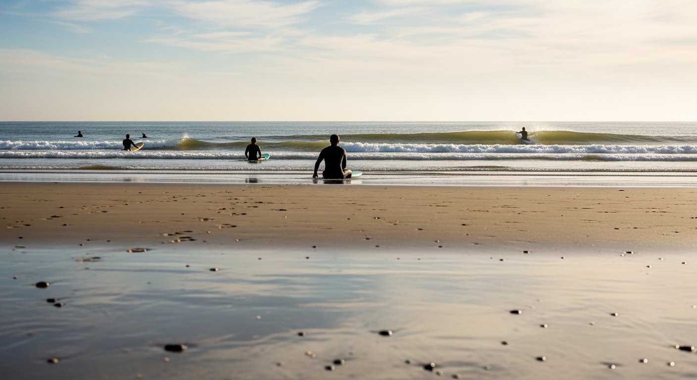 Rustig strand van Bergen aan Zee met enkele surfers in het water