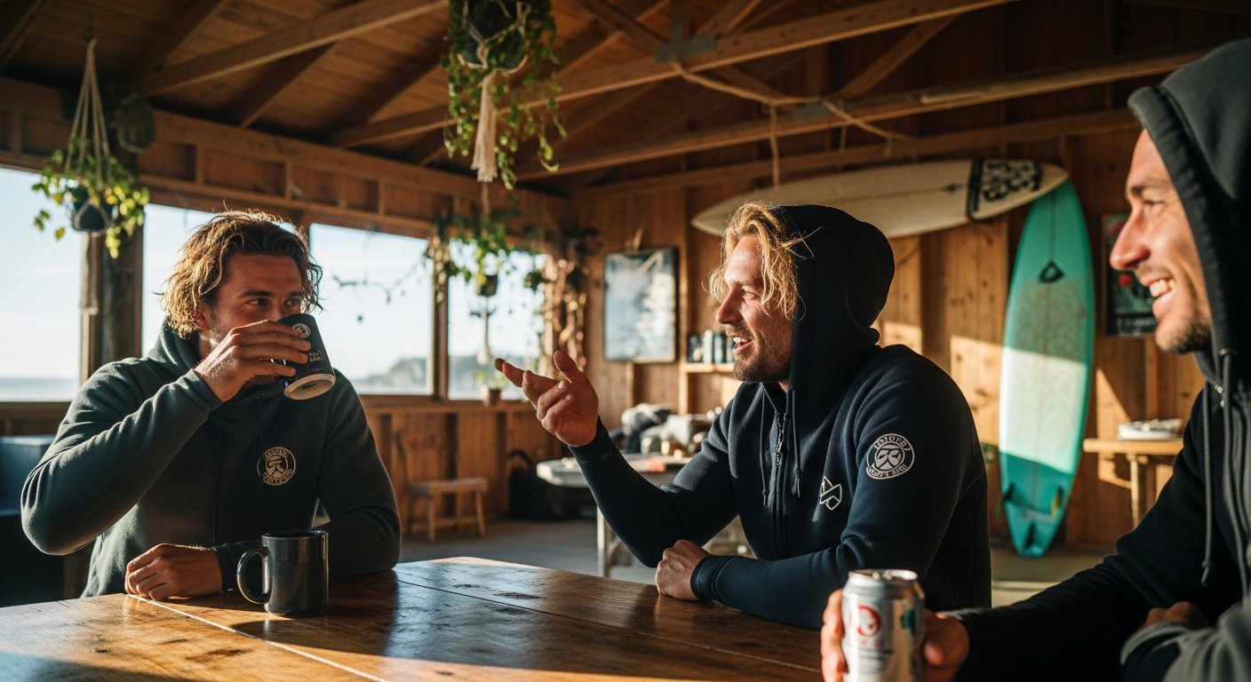 Gezellig strandpaviljoen met surfers die na een sessie iets drinken