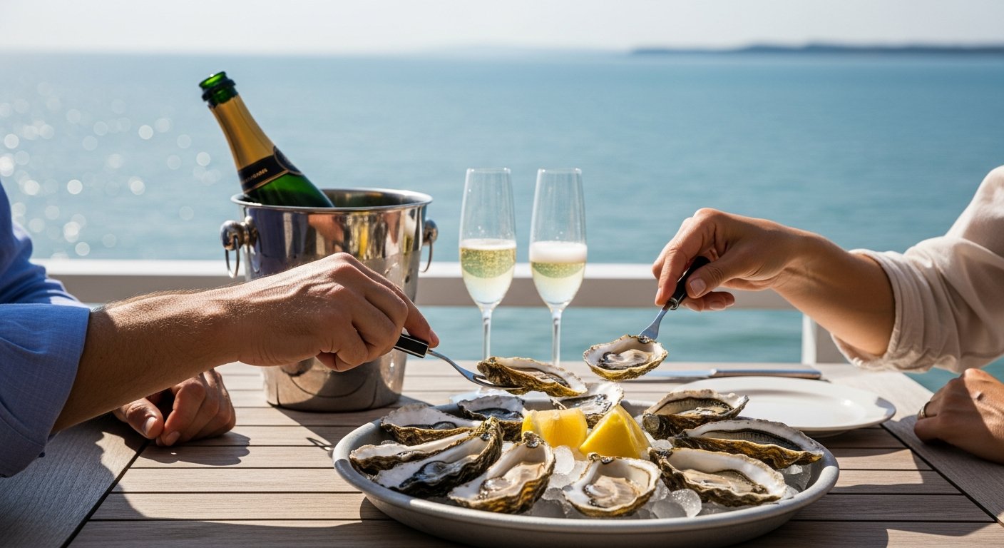 Vers plateau met Zeeuwse oesters en champagne op terras met zeezicht