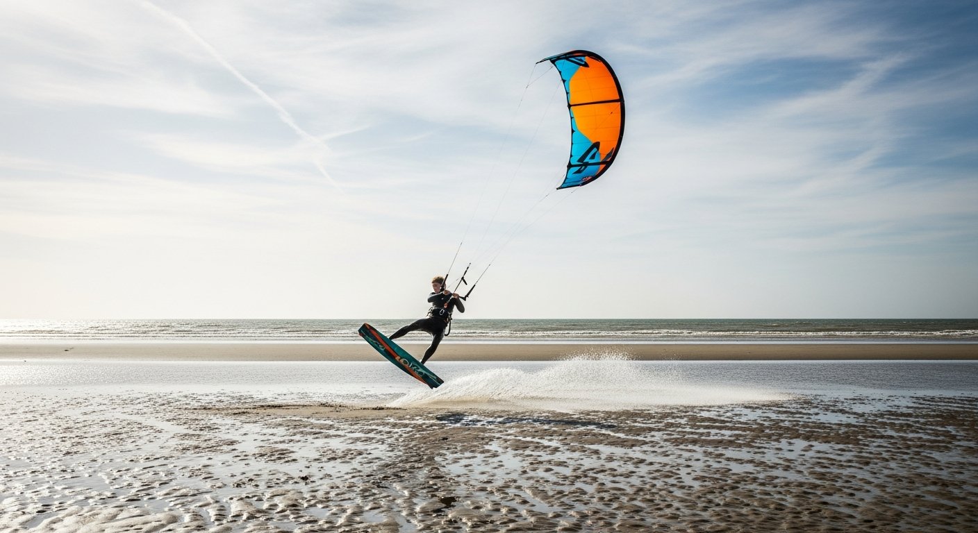 Kitesurfer in actie op het strand van Cadzand met kleurrijke vlieger