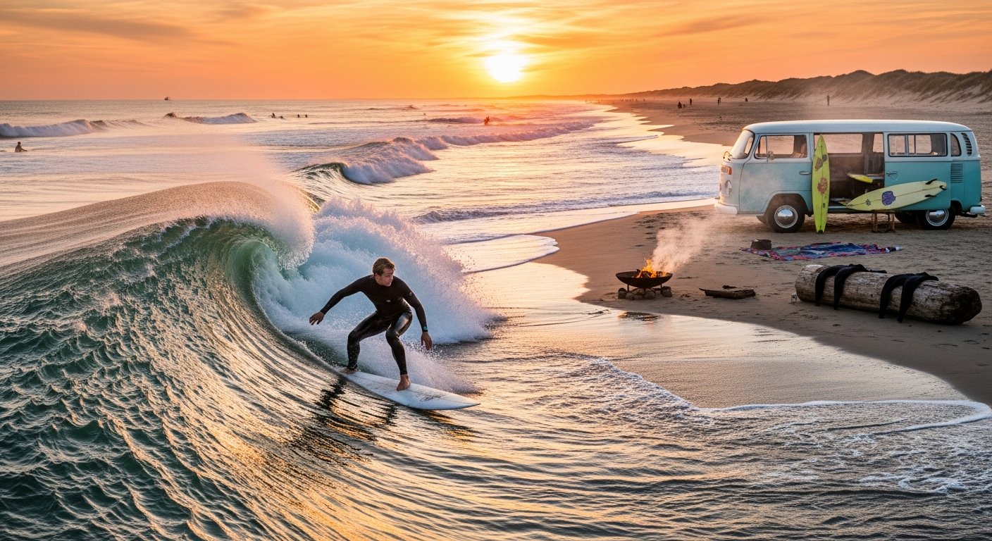 Surfer die een golf rijdt op het strand van Domburg of omgeving Walcheren