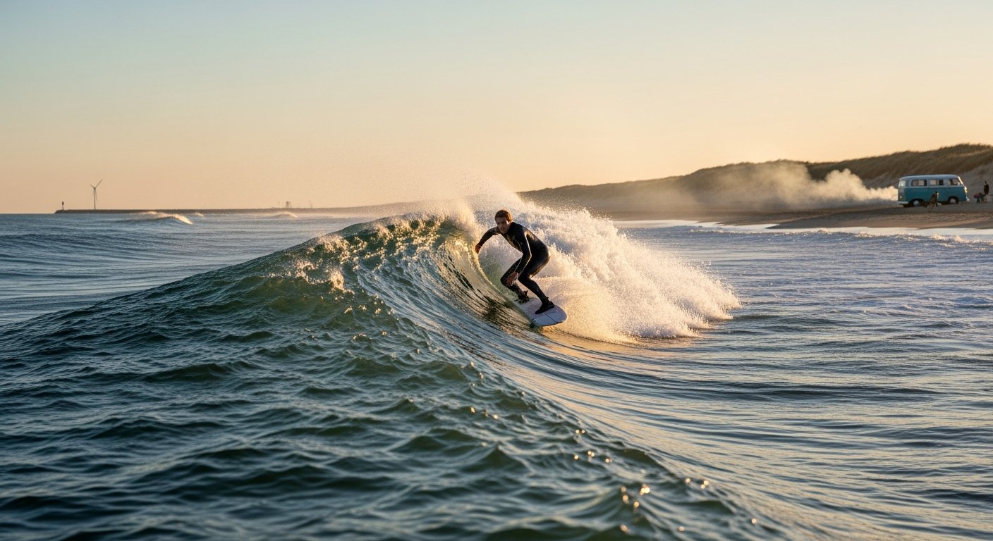 Surfer die golf pakt bij Hoek van Holland met goede vormende golven