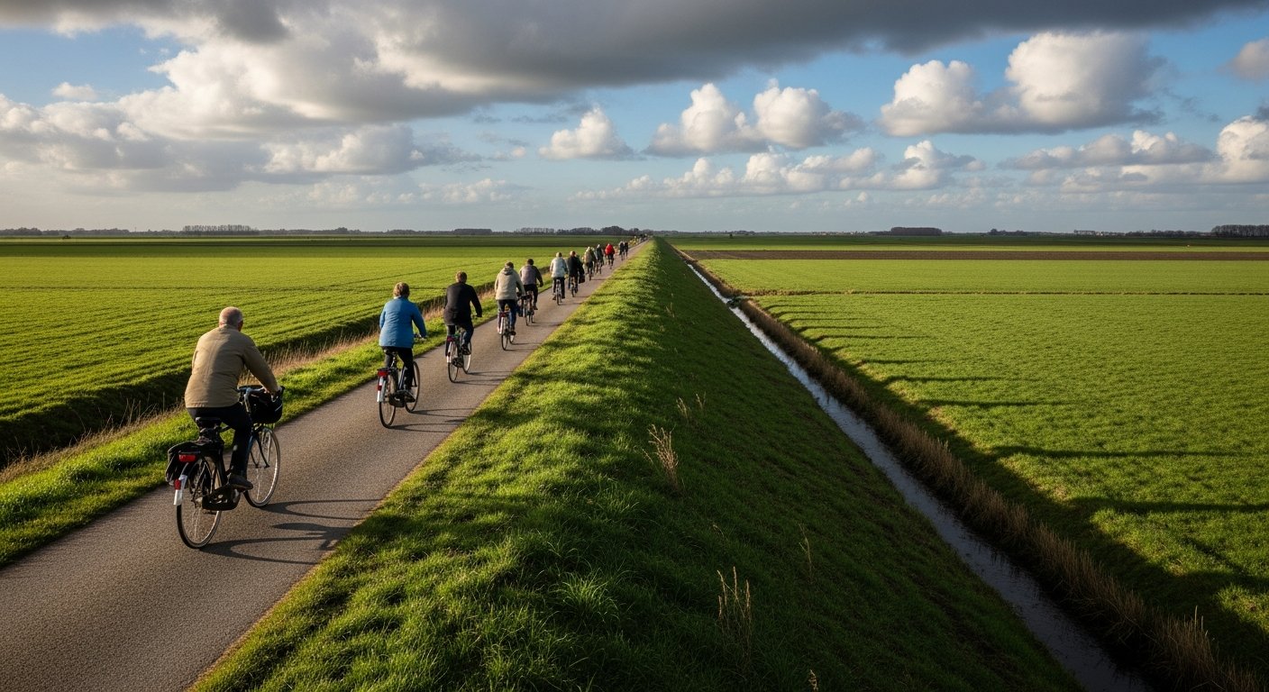 Fietsers op de dijk in het polderlandschap van Zeeuws-Vlaanderen nabij Cadzand