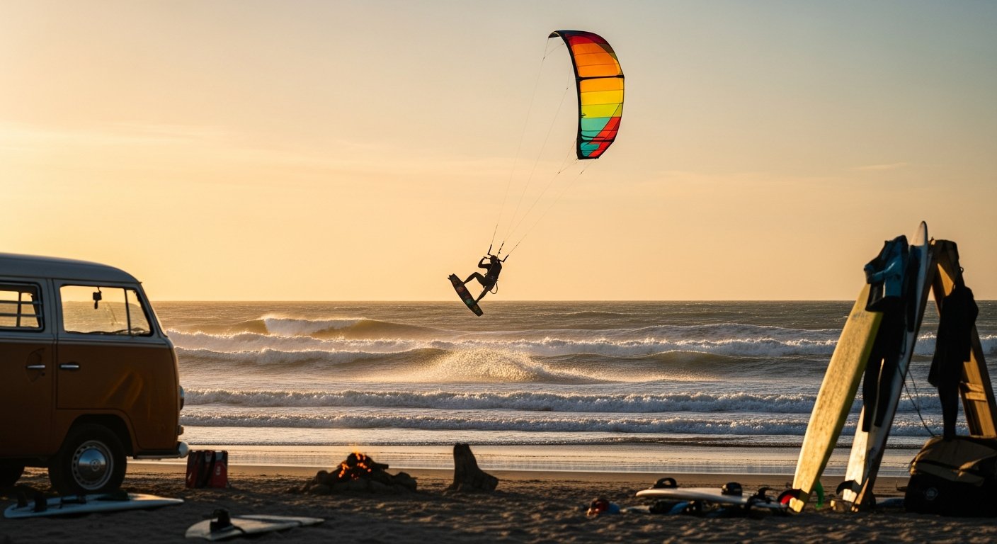 Kitesurfer in actie op het strand bij Domburg met kleurrijke kite in de lucht
