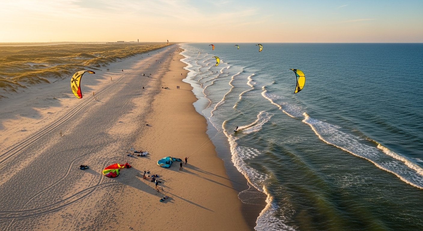 Luchtfoto of overzichtsfoto van het strand bij Hollum of Buren op Ameland met kitesurfers