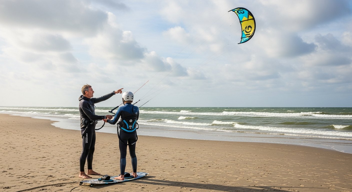 Kitesurfleerling met instructeur op het strand van Ameland tijdens een les