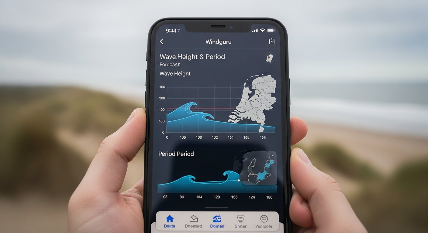 Schermafbeelding of illustratie van een golfhoogte- en golfperiode-forecast op een surfsiteapp zoals Windguru of Magicseaweed, met Nederlandse kustlocatie