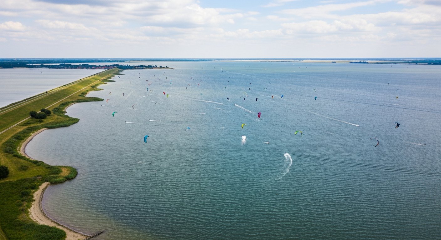 Overzicht van het Fluessen bij Mirns vanuit de lucht, met kitesurfers zichtbaar op het water
