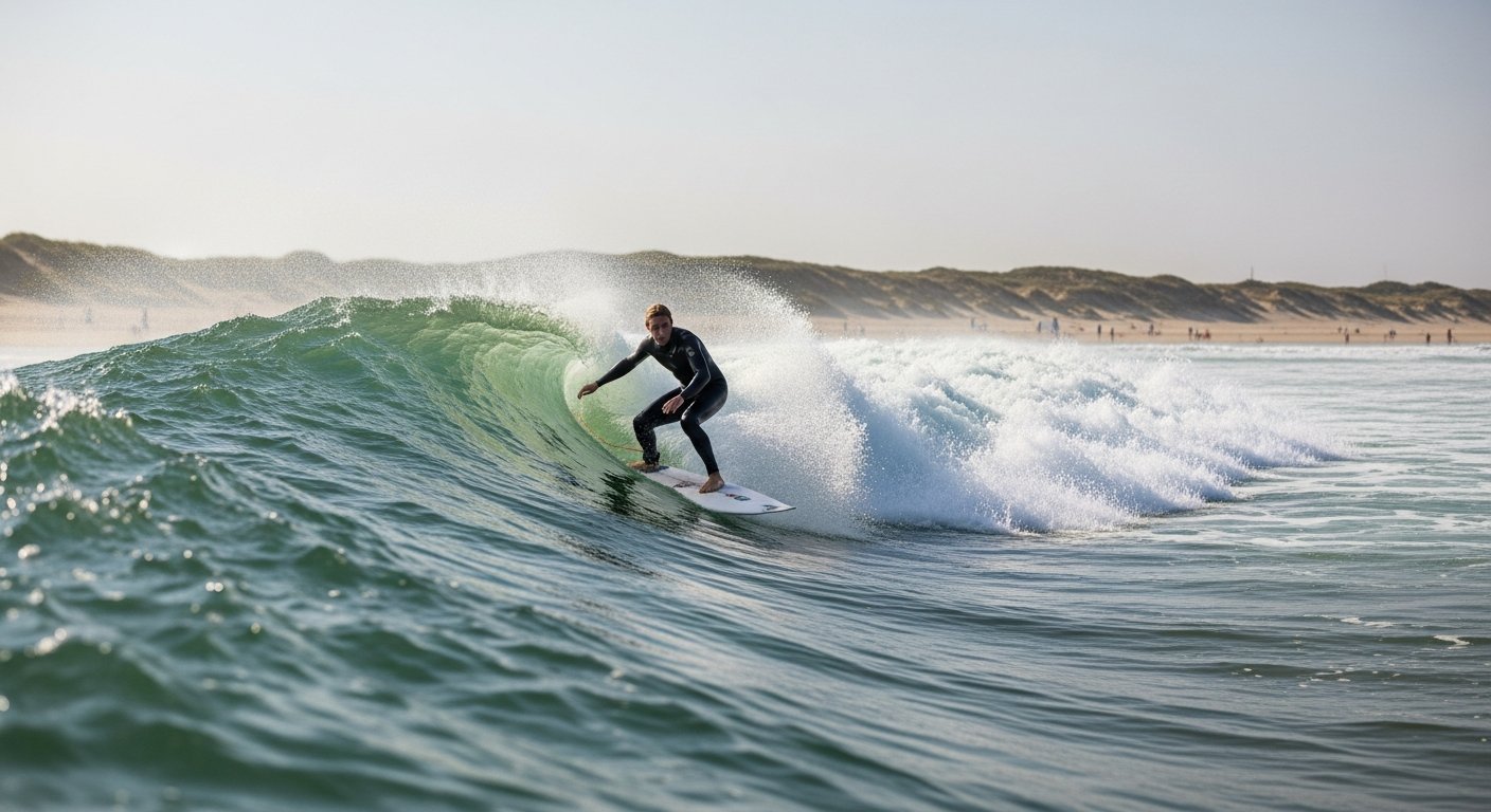 Surfer op een golf bij het strand van Renesse, actieshot vanuit het water