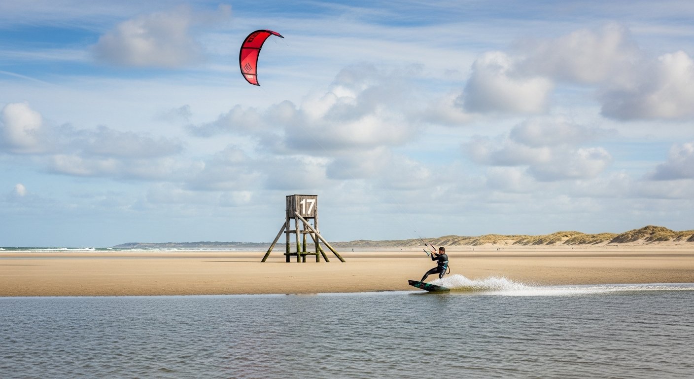 Kitesurfer op het strand van Texel bij paal 17 met kite in de lucht en zandvlakte op de achtergrond