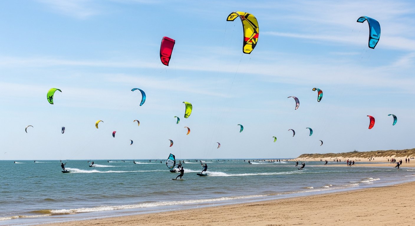 Kitesurfers in de aangewezen kitesurfzone bij Renesse met kleurrijke kites in de lucht