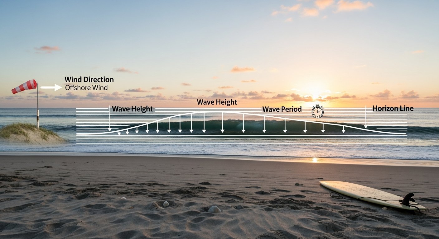 Infographic of diagram dat golfhoogte, golfperiode en windrichting uitlegt in surftermen