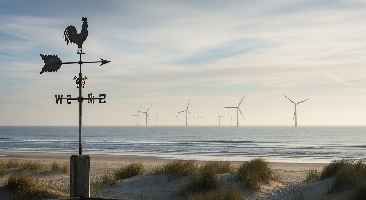 Windwijzer of windrichting illustratie met offshore wind richting zee bij een Noordzeestrand