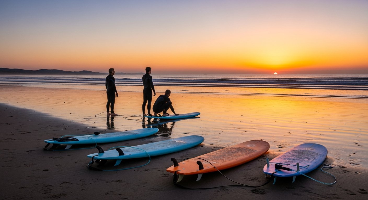 Surfers op het strand van Domburg bij zonsondergang met surfboards klaar voor een sessie