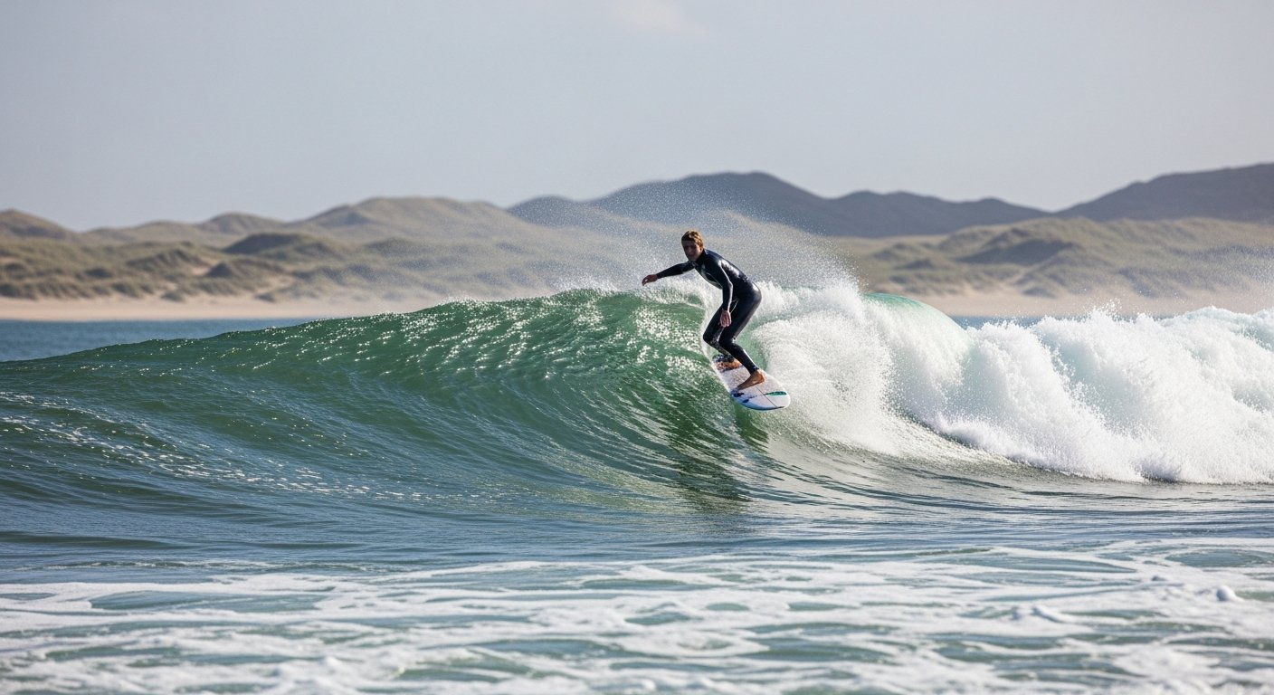 Surfer op een golf langs de kust van Schiermonnikoog, actieshot in het water met duinen zichtbaar
