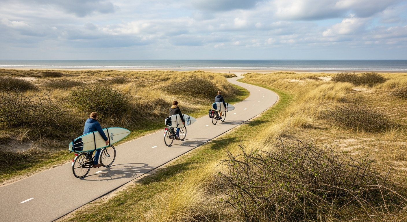 Fietsers met surfboards op een fietspad door de duinen richting het strand van Schiermonnikoog