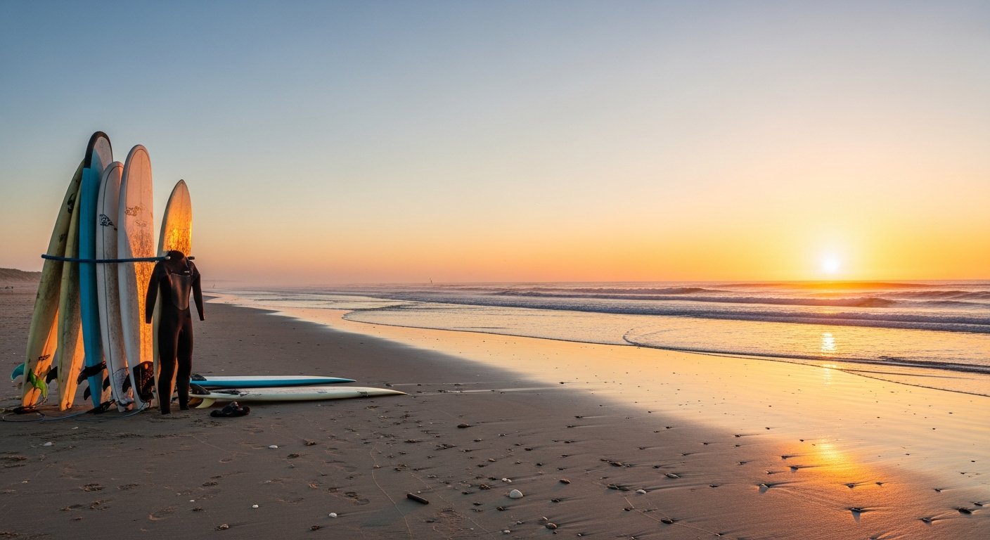 Zonsondergang op het strand van Ouddorp met surfboards en wetsuit in de voorgrond, ontspannen sfeer