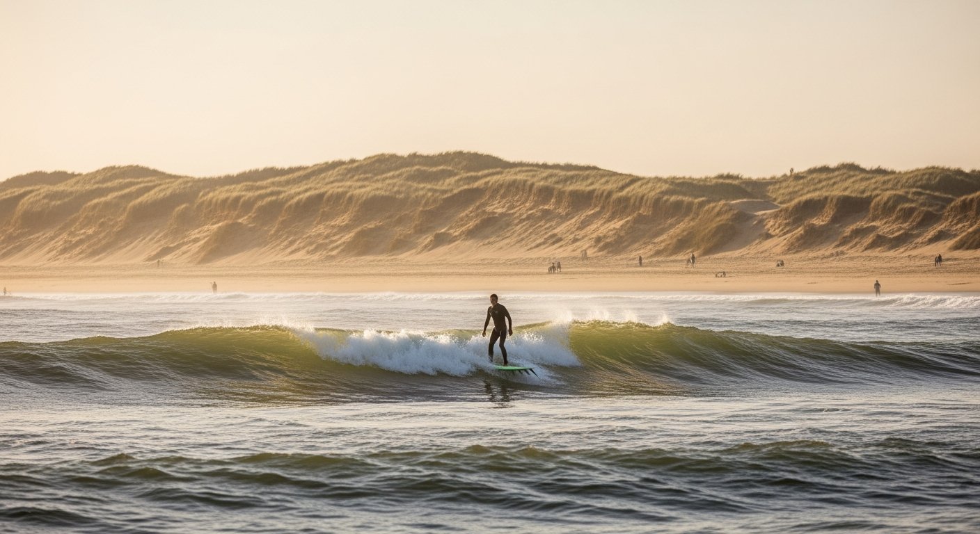 Surfer op een golf bij het strand van Ouddorp-Bad, zandbanken en schuimende branding zichtbaar