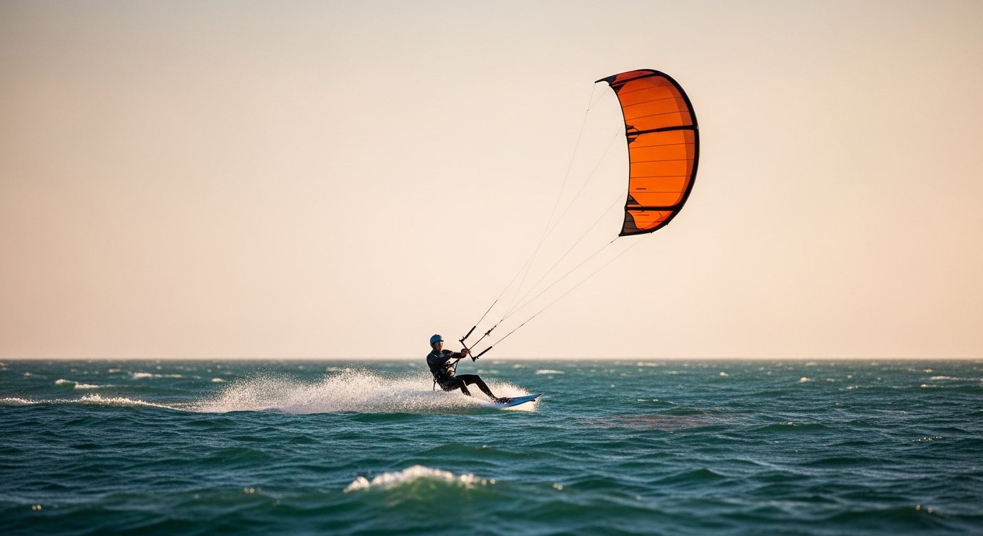 Kitesurfer op de Grevelingen met kleurrijke kite in de lucht, vlak water en zonnige omstandigheden