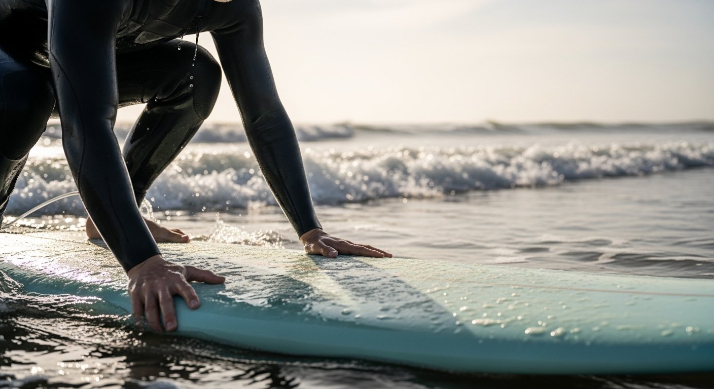 Close-up van een surfer die opstaat op een breed, stabiel surfboard in kleine Nederlandse golven