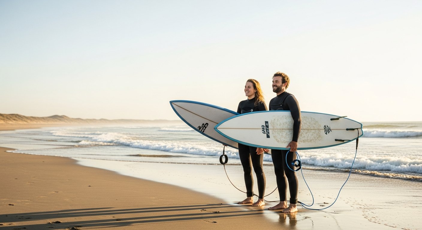 Vrolijk stel met surfboards op het Nederlandse strand klaar om te gaan surfen