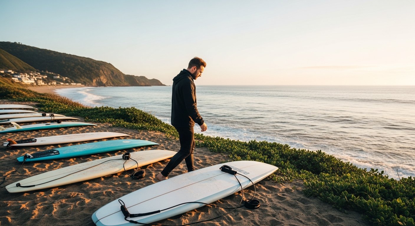 Verschillende soorten surfboards naast elkaar op het strand: foamboard, longboard en funboard