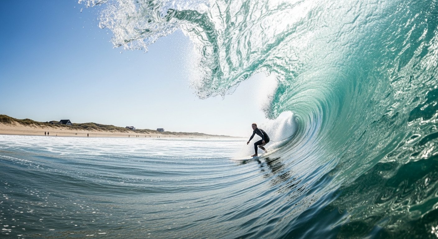 Surfer op een golf bij het strand van Huisduinen of Julianadorp aan Zee