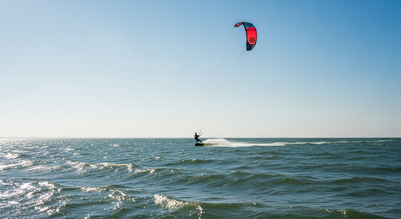 Kitesurfer op de Noordzee bij Den Helder met kleurrijke kite in de lucht