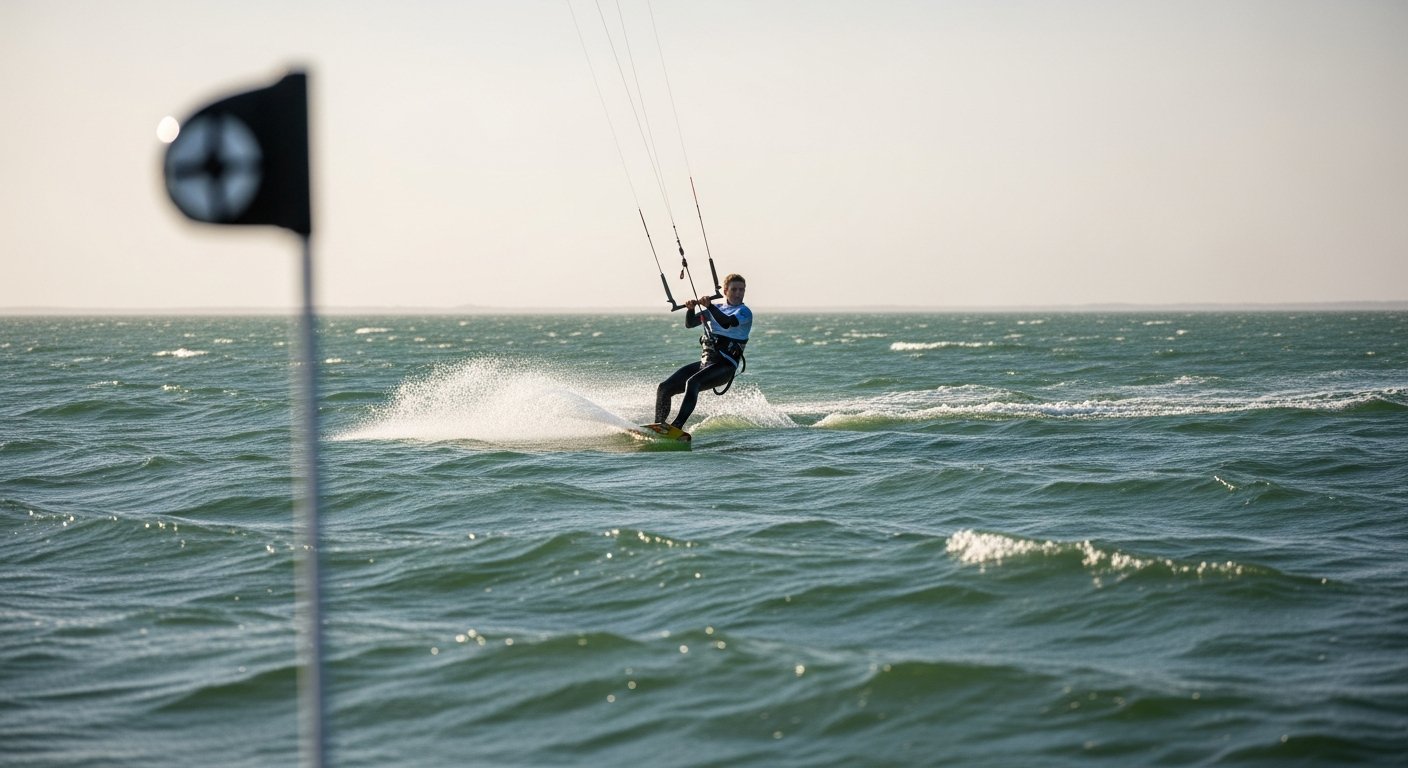 Close-up van een kitesurfer die door de golven snijdt bij Westkapelle tijdens het najaar