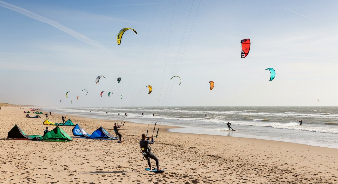 Breed zandstrand bij Westkapelle met meerdere kitesurfers die hun kites oplaten bij goede wind