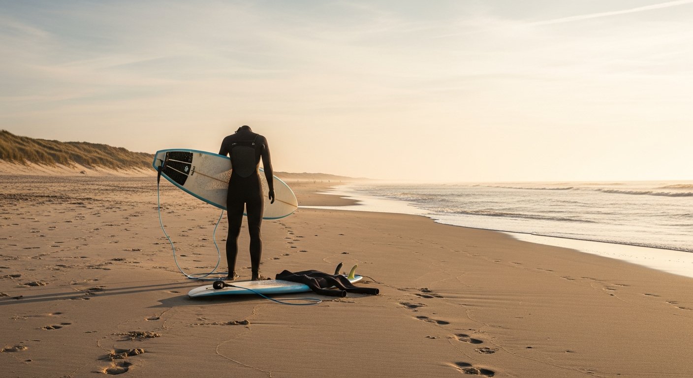 Wetsuit en surfboard liggend op het strand bij grijsbewolkte luchten, typisch Nederlands kustlandschap
