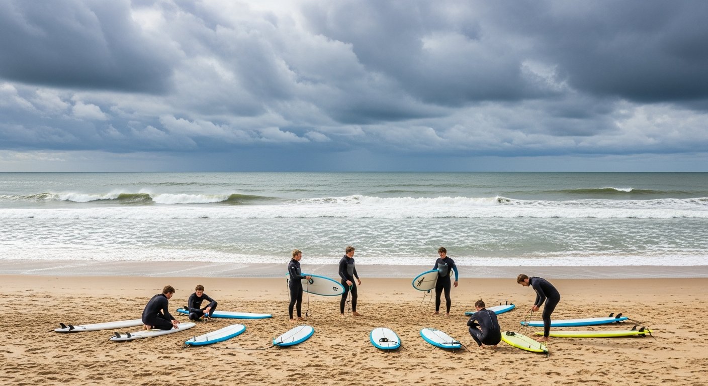 Bovenaanzicht van surfboards op het strand bij Scheveningen of Zeeland met surfers die klaarstaan voor een sessie in mei