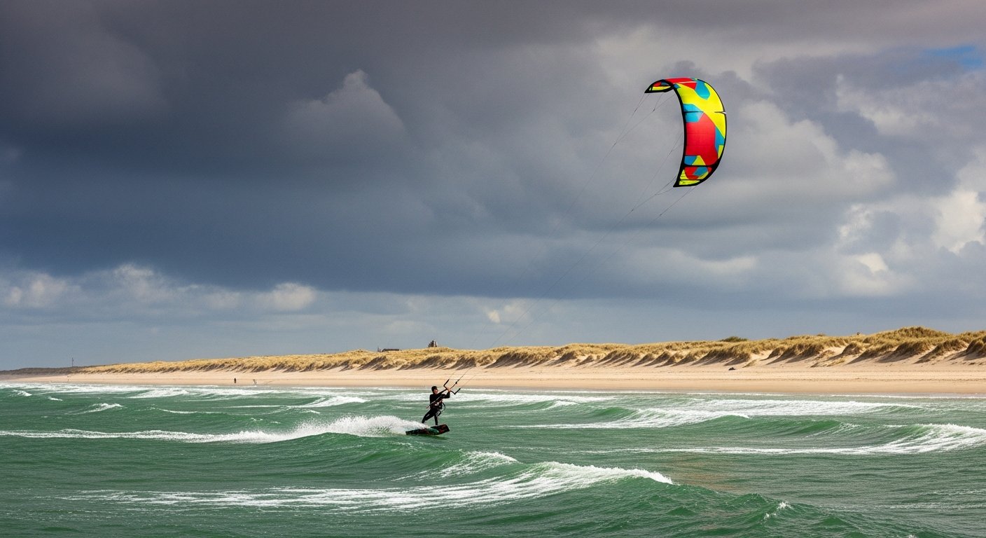 Kitesurfer in actie voor de kust van Egmond aan Zee met kleurrijke vlieger in de lucht en brede zandstrand zichtbaar