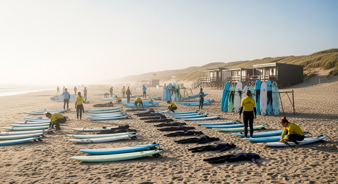 Surfboards en wetsuits bij een surfschool op het strand van Egmond aan Zee, met mensen die zich klaarmaken om het water in te gaan