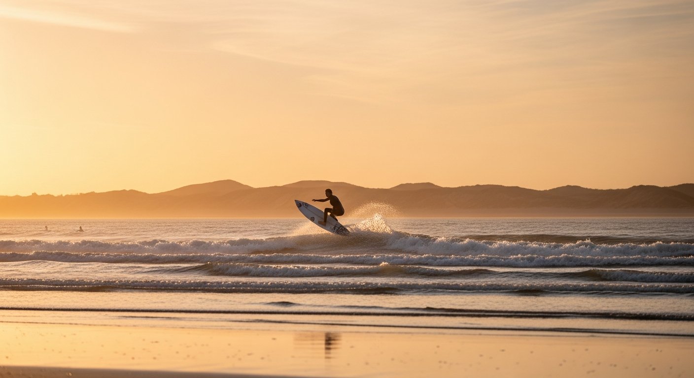 Surfer die een golf pakt bij Egmond aan Zee, actieshot vanuit het strand genomen met golven en schuim