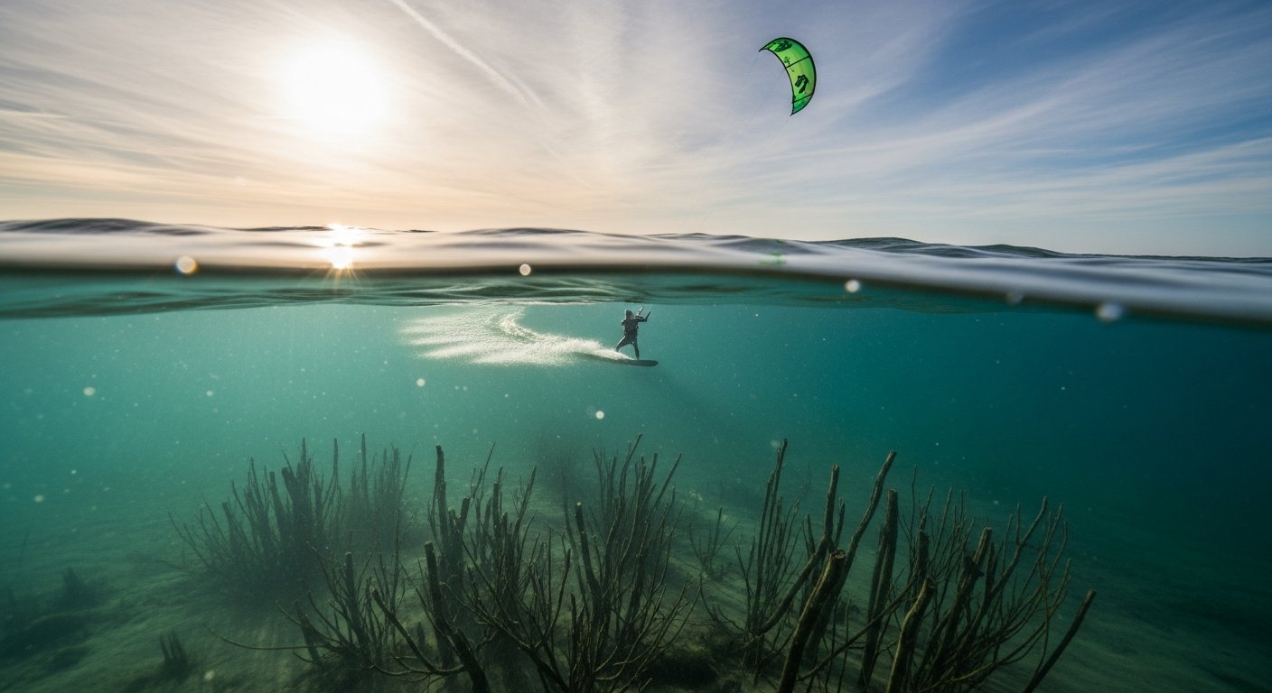Verlaten strand van Vlieland met kitesurfer op vlak water, rust en ongerepte natuur