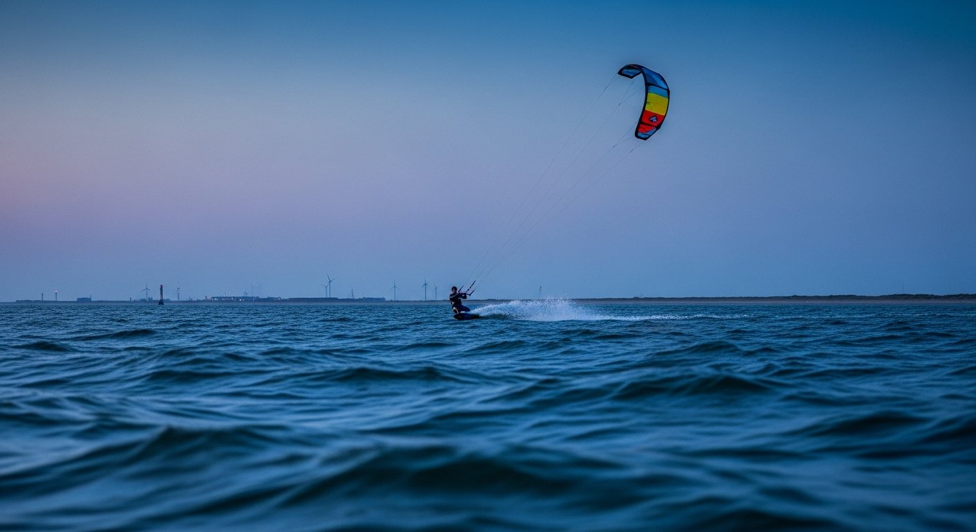 Kitesurfer in actie op de Noordzee bij IJmuiden met kleurrijke vlieger in de lucht