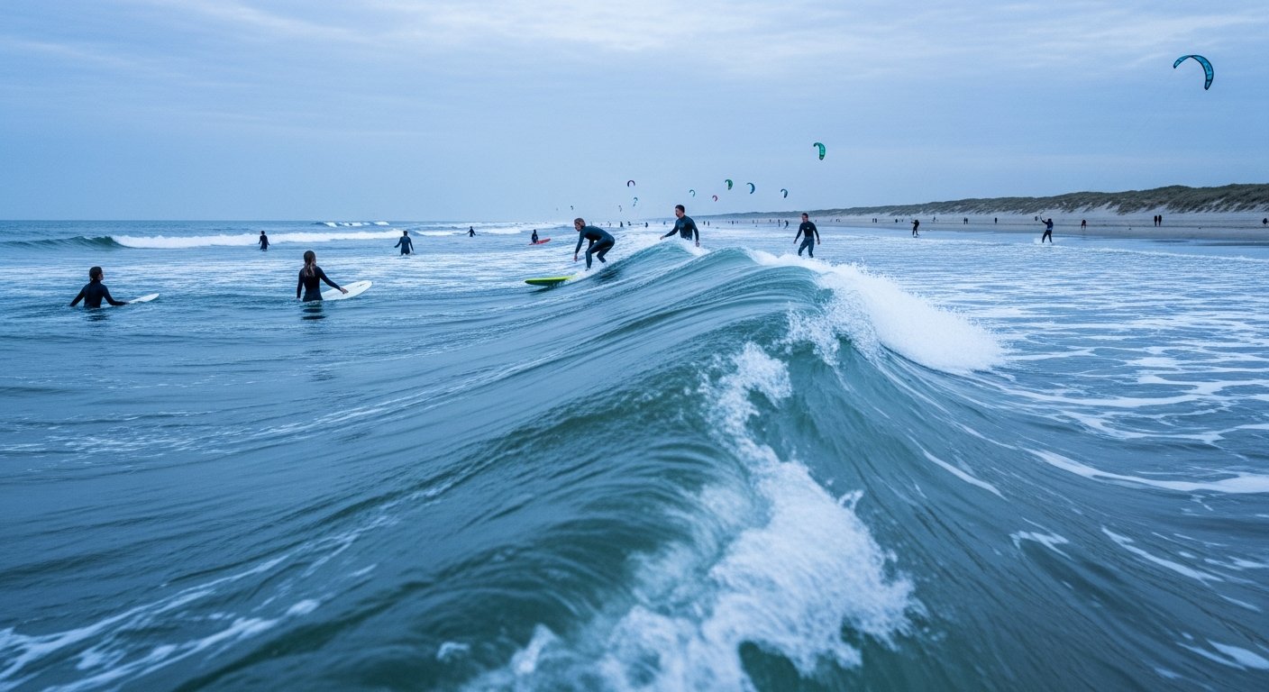 Overzichtsfoto van het brede Noordzeestrand bij IJmuiden met meerdere surfers en kitesurfers in actie